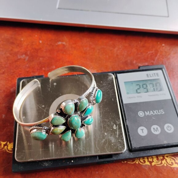 Southwest Sterling Silver Turquoise Medallion Cluster Cuff Bracelet Artisan - Picture 6 of 7